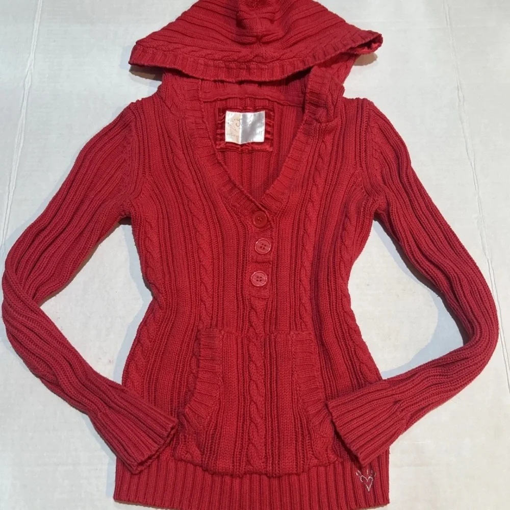 Justice Girls Y2K Red Cable Knit Hooded Sweater Cardigan Size 10‎ Cozy 2010
